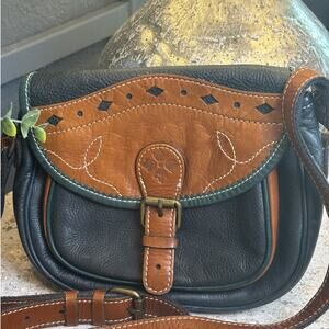 Patricia Nash Blue Green Teal Brown Italian Leather Chios Crossbody Saddle Bag